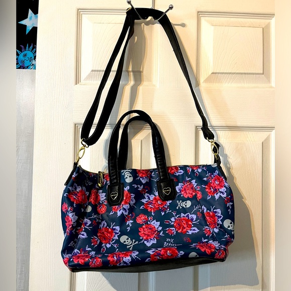 Vintage Y2K Goth HUGE Betsey Johnson Skulls & Flowers crossbody satchel handbag - Picture 1 of 11